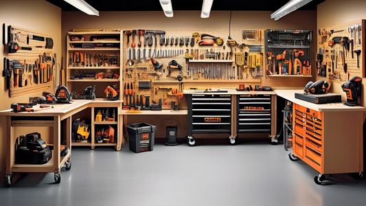 Create an image of a perfectly organized workshop with a diverse collection of power tools neatly arranged in a variety of storage solutions, such as tool chests, wall-mounted racks, and pegboards. The setting should showcase a wide range of power to