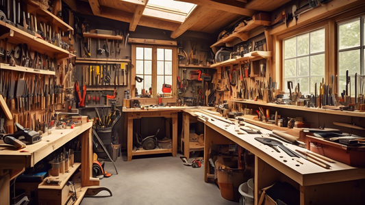Create an image of a cluttered workshop filled with various carpentry tools such as saws, hammers, measuring tapes, and drills. The workshop should have a workbench with pieces of wood and carpentry projects in progress, giving a sense of creativity 