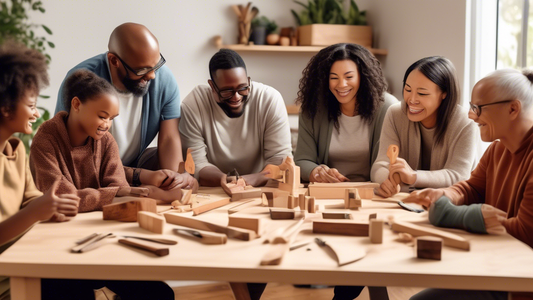 Create an image of a diverse group of parents gathered around a virtual woodworking class, each engaging with their own woodworking project. The virtual setting should be cozy and inviting, with various types of woodworking tools and materials visibl