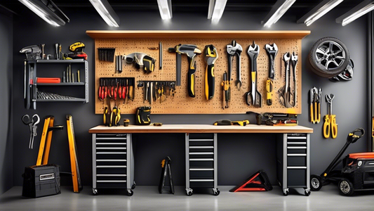 Create an image of a well-organized garage tool storage area that showcases 7 innovative ideas for organization. Show a variety of tools neatly arranged in labeled shelves, drawers, hooks, and racks to inspire efficient and practical storage solution