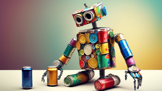 Create an image of a robot made entirely out of recycled materials such as old cans, bottle caps, and cardboard boxes. The robot is colorful and whimsical, showcasing the creative potential of upcycling everyday objects.
