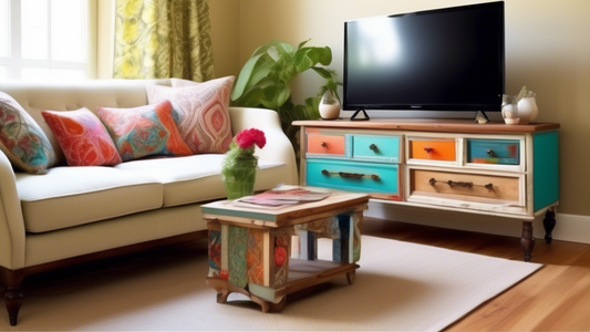Create an image of a beautifully decorated room with furniture that has been upcycled from old and unused items. Showcase a repurposed dresser transformed into a stylish TV stand, a coffee table made from reclaimed wood, and a set of chairs reupholst