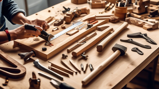 Create an image of a person, surrounded by various woodworking tools such as saws, chisels, hammers, and measuring tapes, working on a simple yet stylish DIY woodworking project in a well-lit workshop. The project should be at an intermediate stage, 