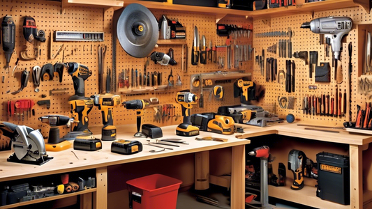 Create an image of a well-organized workshop filled with a variety of must-have power tools for DIY enthusiasts, showcasing tools such as a cordless drill, circular saw, sander, and nail gun neatly arranged on a workbench. Display a pegboard in the b