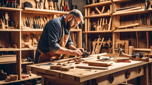 Create an image of a carpenter expertly crafting intricate designs using various tools in a well-equipped workshop, surrounded by shelves of neatly organized wood and carpentry equipment. Show the carpenter focused and skilled at their craft, illustr