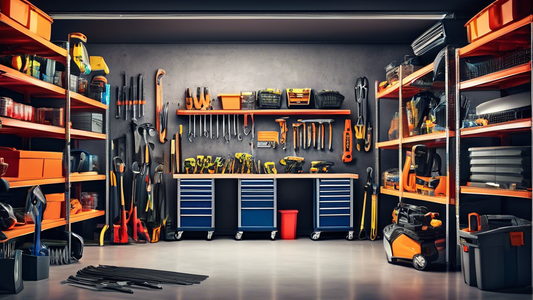 Create an image of a large professional garage storage rack system filled with neatly organized tools, equipment, and bins, showcasing a perfectly organized and clutter-free garage space.