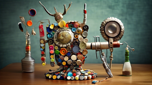 Create an image of a whimsical and imaginative sculpture made entirely out of repurposed household items, such as old kitchen utensils, bottle caps, fabric scraps, and broken toys. Show the sculpture in a quirky and visually appealing setting, showca