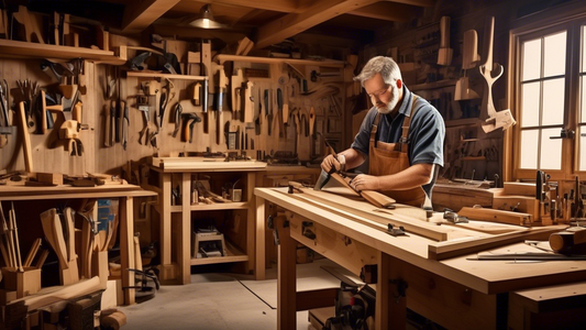 Create an image of a carpenter's workshop filled with a variety of tools and materials, showcasing a skilled carpenter practicing different woodworking techniques. Show the carpenter focused and immersed in his work, surrounded by saws, drills, hamme