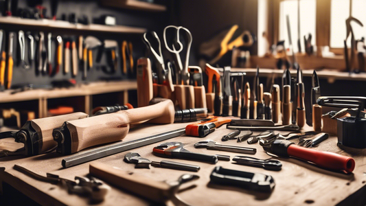Create an image of a DIY workshop scene with five different tool sets neatly organized on a workbench, each set consisting of various tools such as hammers, screwdrivers, wrenches, and power tools. The tools should be arranged in an appealing and org