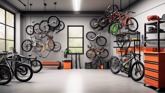 Create an image of a garage with various innovative and organized bike storage solutions, such as wall-mounted bike racks, ceiling hoists, vertical bike hooks, and bike shelves, all showcasing different styles and designs to inspire an organized and 