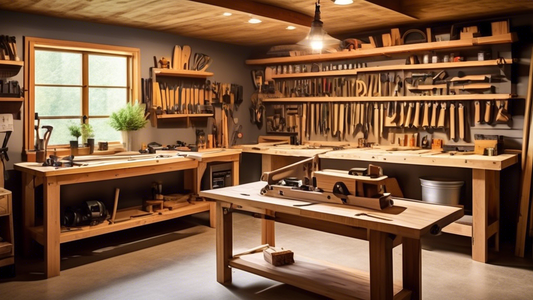 Create an image of a cozy and inviting woodworking workshop, filled with various tools and materials for DIY carpentry projects. Show a workbench with a saw, hammer, nails, measuring tape, and wood planks. Display examples of completed projects like 
