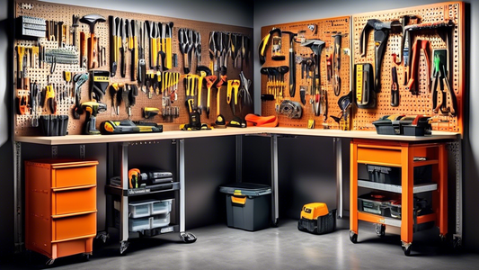 Create an image of a well-organized garage with various innovative smart tool storage solutions, such as wall-mounted tool racks, pegboards, and drawer organizers. Show a variety of tools neatly arranged and easily accessible, showcasing the efficien