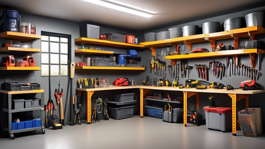 Create an image of a garage corner featuring 7 different types of storage shelves filled with tools and supplies, showcasing how each shelf can optimize space and assist in tool organization. The shelves should be arranged neatly and prominently disp