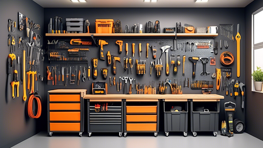 Create an image of a neatly organized garage tool storage system that maximizes space efficiency. Include various tools hung up on walls, placed in labeled bins or drawers, and utilizing innovative storage solutions like magnetic strips or pegboards.