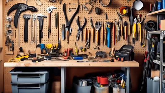 Create an image showing a cluttered garage wall space with various tools and equipment scattered around. Organize the items in a visually pleasing and practical manner, using smart storage solutions like pegboards, shelves, hooks, and bins. Showcase 