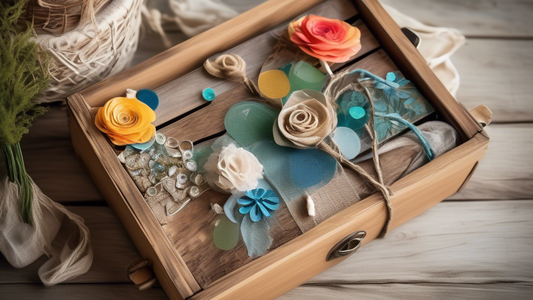 Create an image of a beautifully crafted and unique upcycled gift, incorporating materials like reclaimed wood, recycled glass, and repurposed textiles. Show the gift being presented at a celebration like a birthday party or wedding, capturing the jo