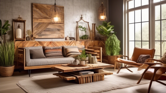 Create an image of a beautifully designed modern home interior that showcases upcycled furniture and decor items. The space should feature unique, repurposed pieces such as a coffee table made from reclaimed wood, lamps crafted from recycled material