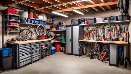 Create an image of a cluttered garage transformed into an organized and spacious area using versatile garage storage racks. Show various types of racks such as wall-mounted shelves, overhead storage solutions, and tool organizers to showcase how thes