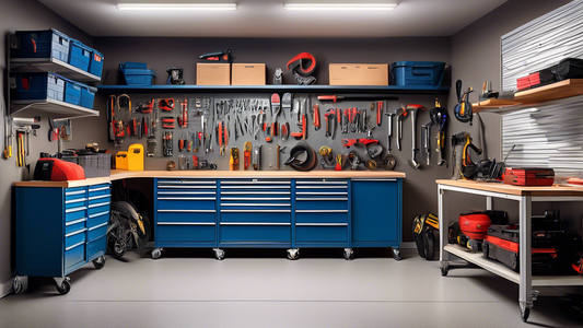 Please generate an image of a well-organized garage space featuring innovative storage drawers efficiently storing tools, equipment, and other items. The image should showcase the benefits of garage storage drawers in maximizing space, improving acce