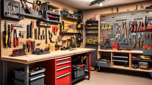 Please create an image of a small workshop with various tool storage solutions such as wall-mounted shelves, pegboards, drawer cabinets, a tool chest, and a rolling cart all neatly organized and labeled. Include a mix of hand tools, power tools, and 