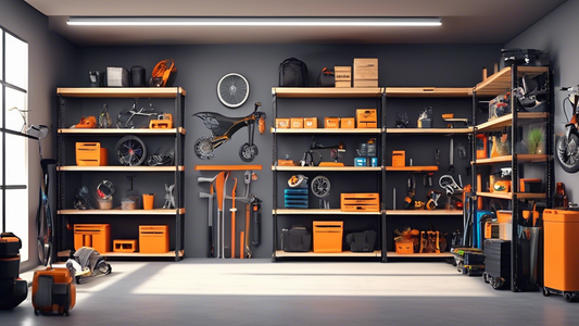 Create an image of a modern garage interior with five unique shelving ideas on display. The shelving should be creative and space-saving, showcasing innovative designs like adjustable shelves, pegboard storage systems, ceiling-mounted racks, corner s