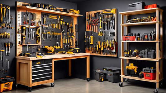 Create an image of a modern and organized workshop featuring a variety of essential tool sets neatly arranged on shelves and storage solutions like pegboards, tool chests, and tool cabinets. The image should showcase a wide range of tools such as scr
