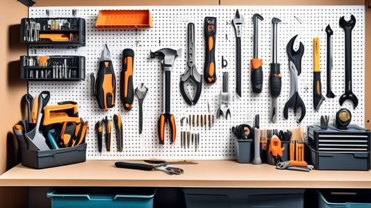 Create an image of a small workshop or garage with clever space-saving tool storage solutions such as a pegboard wall, magnetic tool strips, stackable storage bins, and a rolling tool cart. Show how these solutions help keep the space organized, effi
