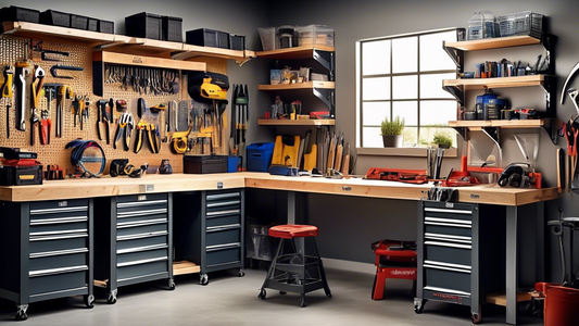 Create an image of a spacious and organized garage work area featuring a sturdy workbench with drawers, shelves, and tool racks for optimal storage organization. The workbench should be well-equipped with tools and supplies neatly arranged, showcasin