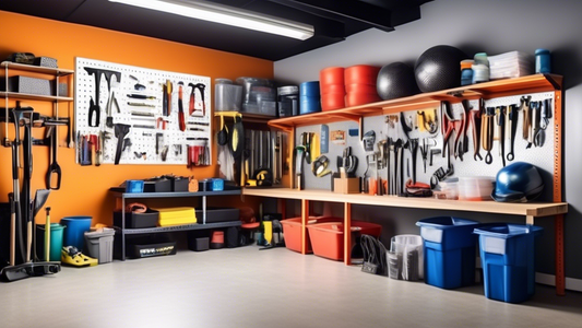 Create an image of a clean and organized garage with various affordable storage solutions like stackable bins, wall shelves, pegboards, and hanging hooks to help homeowners declutter their space effectively. The image should showcase a mix of tools, 