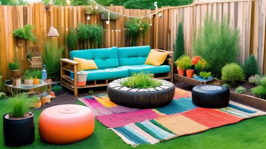 Create an image of a backyard filled with various upcycled outdoor projects, such as a garden made from repurposed tires, a DIY pallet furniture set, a colorful outdoor rug made from old shirts, and a chandelier crafted from recycled glass bottles. M