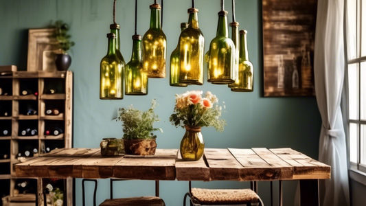 Create an image of a room decorated with unique upcycled items such as a chandelier made from old wine bottles, a coffee table crafted from repurposed pallets, and a set of vases made from recycled jars. The room should have a cozy, eclectic vibe tha