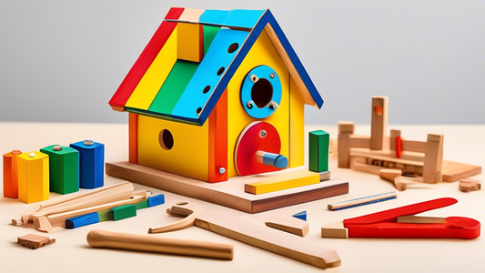 Create an image of a colorful, engaging carpentry project kit for kids, filled with child-friendly tools, wooden pieces, and instructions for building a small birdhouse. The kit should be displayed on a bright, cheerful background to emphasize its fu