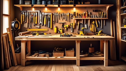Create an image of a wooden workbench covered with essential carpentry tools for DIY projects, such as a hammer, saw, tape measure, chisel, power drill, and level. The tools should be organized neatly on the workbench, with a soft glow from a nearby 