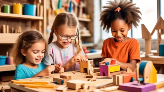 Create an image of children happily engaged in colorful and fun woodworking projects in a well-equipped and safe workshop. Show them using child-friendly tools and materials to build simple wooden toys, birdhouses, and other creative crafts. Capture 