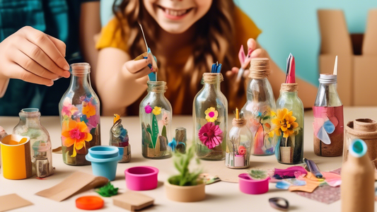Create an image of a whimsical and colorful upcycling workshop, filled with various materials like old bottles, fabric scraps, and cardboard boxes. Show a diverse group of people of different ages and backgrounds happily engaging in DIY upcycling pro