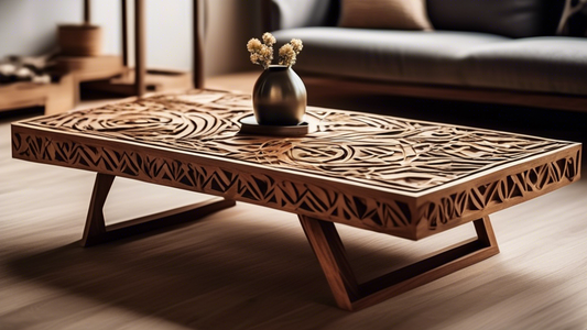 Create an image of a beautifully crafted wooden coffee table with intricate geometric patterns carved into the surface. The table should be showcased in a cozy living room setting with warm lighting and a few decorative items on top, such as a vase o