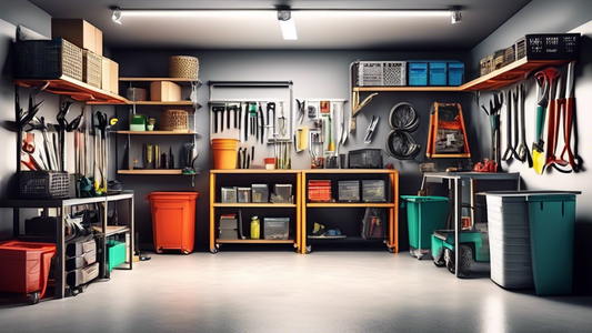 Create an image of a garage with various storage racks, shelves, and hangers to showcase the best organization solutions for a clutter-free space. Include a variety of items such as tools, sports equipment, gardening supplies, and boxes neatly stored