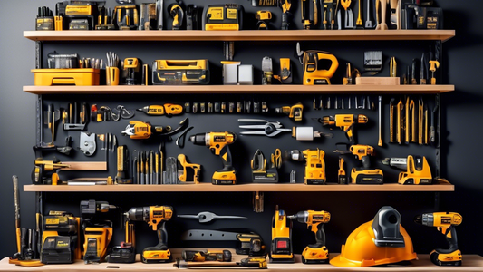 Create an image of a workstation with a variety of power tools neatly organized and efficiently arranged, showcasing a curated selection of top-rated power tool combos for optimal productivity and convenience.