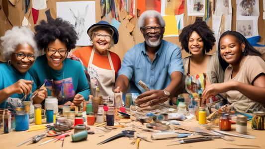 Create an image of a diverse group of people of all ages gathered around a table, working on various upcycling projects together. Show them using tools like scissors, glue, and paint, as well as upcycled materials like old fabric scraps, cardboard, a