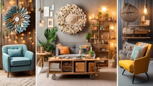 Create an image of a room decorated with unique and artistic upcycled designs, such as furniture made from repurposed materials, DIY lighting fixtures, and innovative wall art pieces. Showcase how upcycling can transform everyday items into sustainab