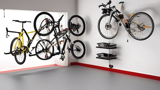 Create an image of a smart garage bike storage solution where bicycles are neatly organized and easily accessible, showcasing different innovative storage options such as ceiling-mounted bike hoists, wall-mounted bike racks, and vertical bike storage