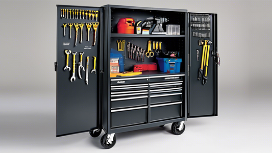Create an image of a variety of locking garage tool cabinets displayed side by side, showcasing different sizes, materials, and features like multiple drawers, adjustable shelves, and secure locking mechanisms. Include labels with tips such as Consid