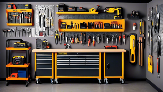 Create an image of a organized and efficient garage featuring the top 3 tool storage solutions highlighted in the article: wall-mounted tool racks, rolling tool cabinets, and pegboard storage systems. Showcase how each solution optimizes space and of
