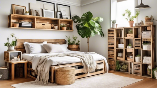 Create an image of a small bedroom with limited storage space transformed into a clutter-free oasis using upcycled storage solutions. Show innovative and creative ways to repurpose everyday items like crates, mason jars, and baskets to maximize stora