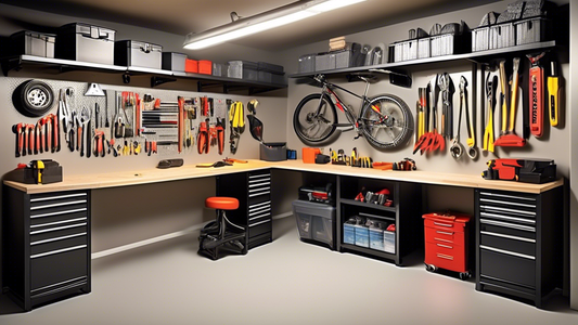 Create an image of a garage loft with innovative storage solutions tailored for contractors, featuring sturdy shelving units, hanging storage racks for tools, and a designated workbench area with ample lighting and organization systems. The space sho