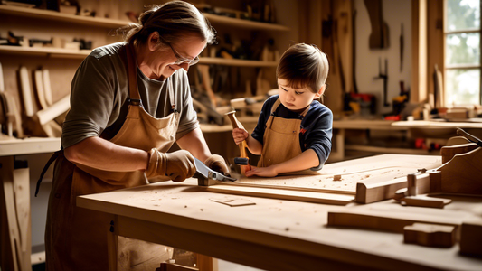 Create an image of a parent and child working together in a workshop, with the parent teaching the child carpentry skills. The workshop should be filled with various woodworking tools and materials, and the parent should be demonstrating how to use a