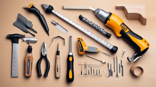 Create an image of a variety of DIY tools designed with ergonomic features to help prevent strain and promote comfortable use. Include tools such as a power drill with a padded handle, a hammer with a cushioned grip, and a screwdriver with an angled 