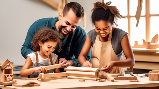 Create an image of a family gathered around a workbench, happily engaged in woodworking together. Show children carefully sanding wood, parents measuring and cutting materials, and the finished project - a beautifully crafted wooden birdhouse - on di