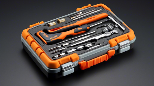 Create an image of a compact and organized portable tool set designed specifically for DIY enthusiasts on-the-go. The tool set should include a variety of essential tools such as screwdrivers, wrenches, pliers, a hammer, measuring tape, and other ver