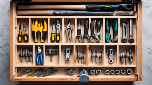 Create an image of a neatly organized tool chest, with each drawer compartmentalized and labeled for specific tools. Show the top 3 tips visually demonstrated within the image, such as using dividers to separate different tools, labeling each section
